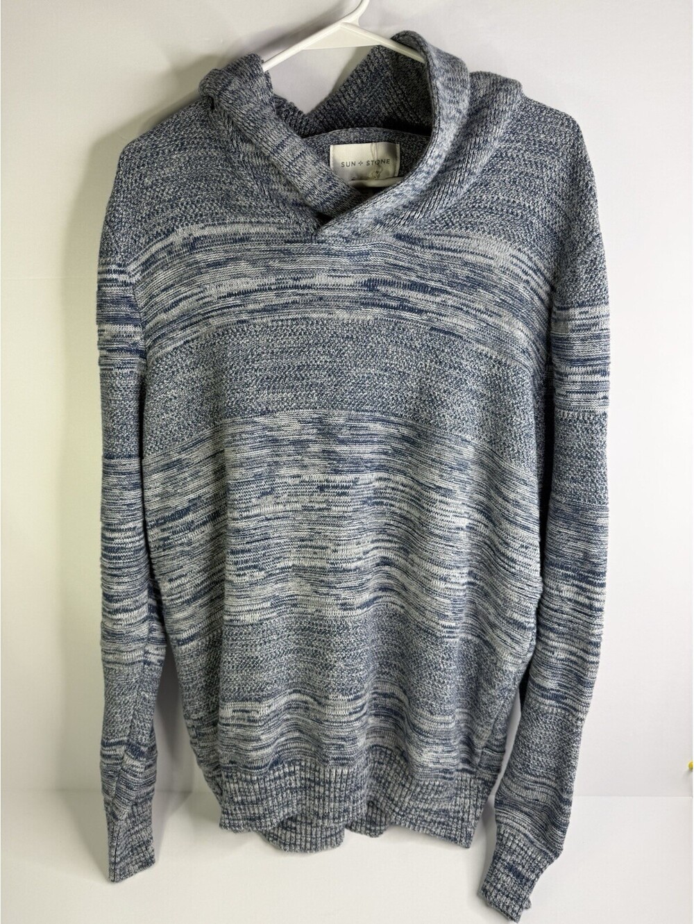 Sun + Stone Blue Gray Knit Long Sleeve Shawl Collar Sweater Mens sz XL.7/A85